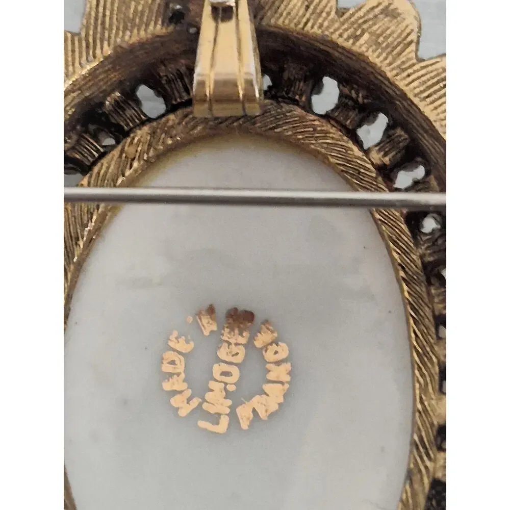 Vintage Limoges France Porcelain Victorian Lady Ornate Pendant Pin Necklace